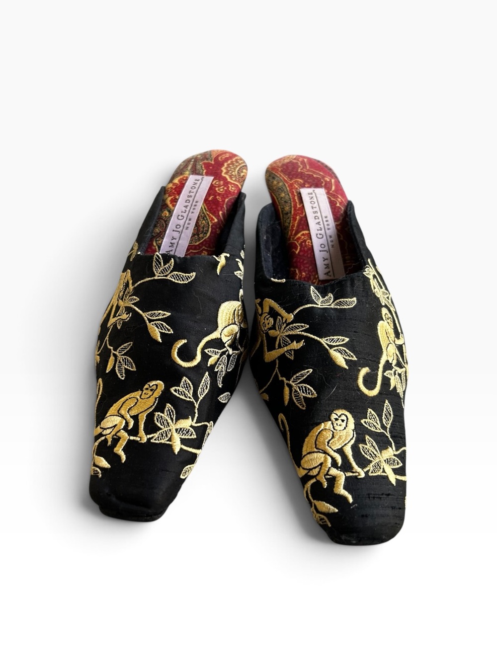 Vintage Amy Jo Gladstone New York Black Mules w/ Gold Monkey Embroidered Design